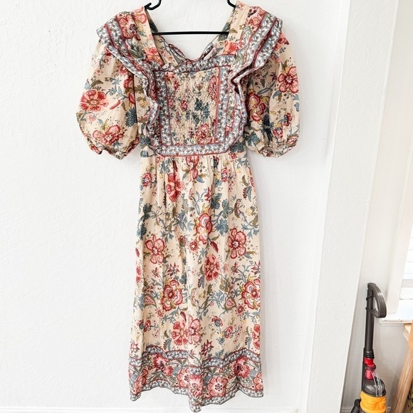 Sea New York Dresses & Skirts - Sea New York Tess Smocked Puff Sleeve Brushed Floral Print Midi Dress Cream